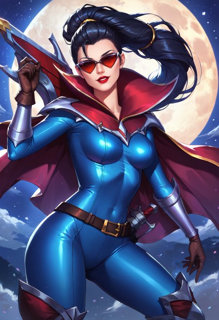 masterpiece,best quality, highly detailed, score_9, score_8_up, score_7_up, score_6_up,<lora:xl_more_art-full_v1:0.8>,source_anime,
BREAK
<lora:vayneXL:0.8>vayne, 1girl, moon, solo, black hair, long hair, night, weapon, bodysuit, full moon, breasts,sunglasses,  holding, ponytail, cape, parted lips, blue bodysuit, smile, belt, red lips, gloves, medium breasts, boots