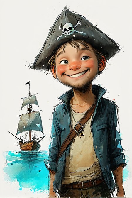 impactful color paint of cute drawing of 2boys, boat, ocean, caustics, wave pointing, , happy pirate hat, eyepatch, shark, flintlock ,<lora:Cute_Drawing:0.8>, highly detailed,  8k, sharp,  professional, clear,   high contrast, crystal clear