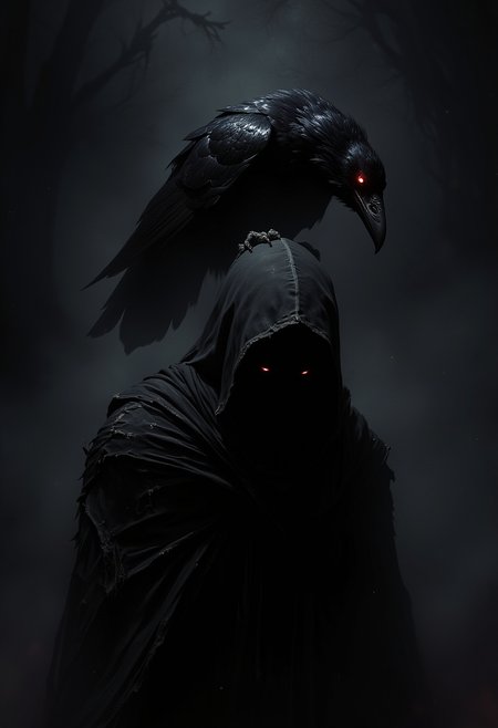 A majestic black raven with glowing, fiery red eyes perched on the shoulder of a shadowy, cloaked figure. The raven's feathers are detailed and glossy, with some ruffled as if it has just landed. The figure is faceless, covered entirely by a dark hooded cloak that blends into the black, misty background. The scene is illuminated only by a faint, eerie red light from the ravenâs eyes, casting a mysterious and ominous glow on the figure and the surroundings. The atmosphere is dark, unsettling, and filled with an air of supernatural power.    <lora:dark_fantasy_flux:0.83> <lora:FredFraiStyle-FLUX-Share:0.63> <lora:sxz-Dark-Fantasy-v2-Flux:0.33> drkfnts style,
