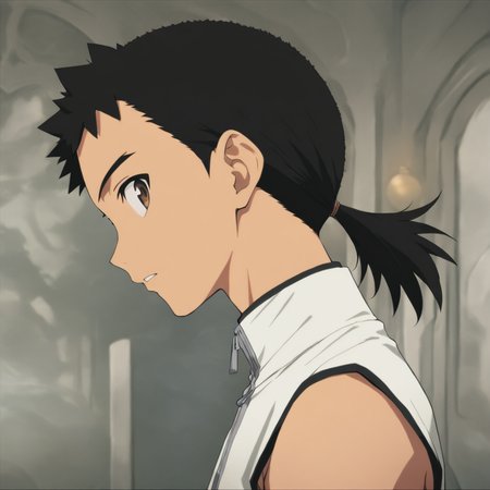 solo,looking at viewer,upper_body,portrait,masterpiece,high score,great score,absurdres,<lora:Kenshi_Masaki ag4o v1:1> 1boy, kenshi_masaki, black hair, ponytail, brown eyes,sleeveless,white shirt,