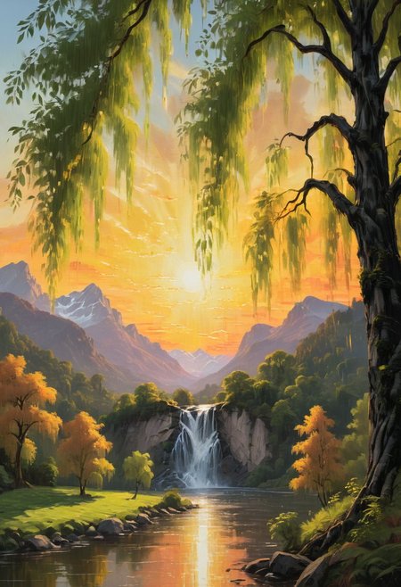 black canvas, single pixelated tear rolling down, revealing detailed landscape painting in the style of the Hudson River School, majestic mountains, lush forests, cascading waterfall, vibrant sunset sky, golden light breaking through the tear, weeping willow tree in the foreground, highly detailed, brushstrokes visible, soft lighting, 8k