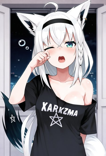 masterpiece,best quality,amazing quality,
1girl, shirakami fubuki, solo, virtual youtuber, animal ears, tail, white hair, shirt, fox girl, one eye closed, fox tail, fox ears, black shirt, hairband, blush, off shoulder, open mouth, animal ear fluff, arm behind back, blue eyes, long hair, clothes writing, ahoge, braid, hair between eyes, bangs, pentagram, sleepy, collarbone, looking at viewer,
 <lora:Tamagoro_epoch_8:1>