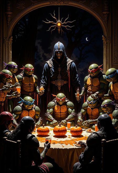 Gathering of The ninja turtles celebrating Halloween, creepy, live action, all the turtles are gathered, the blue mask the red mask the orange mask the purple mask, splinter and shredder is there to, they have pumpkins and drinks, in the style of an old 80's VHS dark fantasy, VHS screen grab, grainy, old footage, in the style of an old 80's VHS dark fantasy, VHS screen grab, grainy, old footage