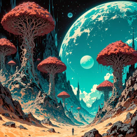 creature focus, hyper-realistic, photo-realistic, very aesthetic, wonderful and otherworldly scenery on a distant planet, extremely detailed, ultra high resolution, famous artwork inspired by swoon and james r. eads, fractal art, the worryingly beautiful "dappled wibblesplats" are joribified gigantic vegetal blortz with wooglepuffed tendrils, slowly stalking across the endless dunes of planet "underkraut prime" where they flabberwuzz moisture from the air and use it to sustain themselves and the many tingspurdled symbiotic creatures that live on and around them, dappled lighting, golden ratio, the color palette is predominantly bordeaux red and ebony black and teal and ultramarine blue and light beige, ovg, in the style of ckpf, amanoer, <lora:style-painterly_fantasy-flux-by_chronoknight:0.76> <lora:style-retro_anime-flux-by_lizardman245:0.36> <lora:style-yoshitaka_amano-elden_ring-flux-by_alicient:0.52>