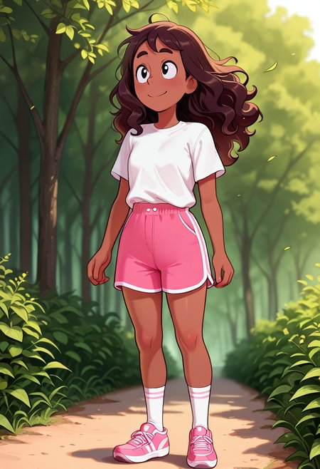 masterpiece, best quality, very aesthetic, absurdres,  cartoon, 1 girl, solo, Connie_Maheswaran, dark-skinned, long hair, wavy hair,  brown hair, black eyes, white t-shirt, sport pink shorts, socks, pink sneakers, smile, on the nature, wind,
 <lora:Smooth_Booster_v2:0.3>, <lora:Connie_Maheswaran_SU__Illustrious:1>, <lora:TheOtherHalf_pXL:1>