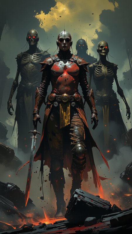 A highly detailed dark fantasy scene in a medium-close shot, featuring a battle-hardened knight clad in tarnished black armor. His face is partially hidden beneath a cracked helmet, revealing only one glowing red eye filled with rage. He stands in a desolate, fog-covered battlefield, gripping a massive, bloodstained sword with both hands. His armor is etched with ancient symbols, and dark, ghostly shadows swirl around him. Behind the knight, towering skeletal warriors loom in the mist, their hollow eyes glowing faintly. The sky above is dark and stormy, with flashes of lightning illuminating the eerie scene.<lora:ahx_flux_lora_v1:0.6> <lora:artisketchyfs-v02:0.6> <lora:dark_fantasy_flux:0.6> <lora:flux-colourful:0.6>  <lora:Luminous_Shadowscape:0.7>