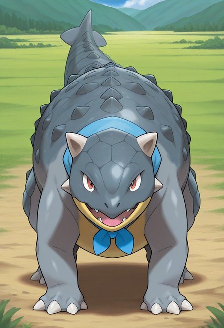 sugimori ken, pokemon, official art, 
best quality, masterpiece, amazing quality, very aesthetic, absurdres, 
full body, 
1boy, 
no humans, solo, 
ankylosaurus, 
anthro, 
colored skin, grey skin, countershading, white belly, 
blue bandana neckerchief, 
looking at viewer, smile, 
outdoors, field