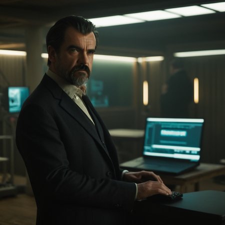 cinematic film still of  <lora:James Bond 007 style:0.9> detailed sharp image of
Hugo Drax Michael Lonsdale a man standing in a room with a laptop,solo,black hair,1boy,male focus,multiple boys,indoors,facial hair,chair,beard,science fiction,hands on hips,mug,mustache,monitor , dramatic light, dramatic shadow light, contrast, cinematic color, cinematic look, filmic, realistic, realism, perfection, perfect, Kodak, Kodak film, movie still, spy film, action themed, espionage, James Bond style, James Bond film style, 007 style, 007 film style, shallow depth of field, vignette, highly detailed, high budget, bokeh, cinemascope, moody, epic, gorgeous, film grain, grainy