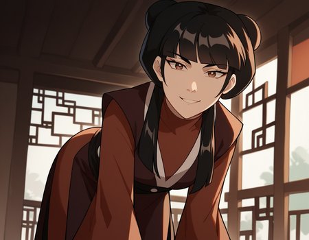 score_9, score_8_up, score_7_up, source_anime, <lora:mai-book2-ponyxl-lora-nochekaiser:1>, mai, sidelocks, long hair, black hair, lunt bangs, hair bun, double bun,, chinese clothes, turtleneck, long sleeves, wide sleeves,, indoors, bent over, smile, looking at viewer, solo, cowboy shot, dutch angle