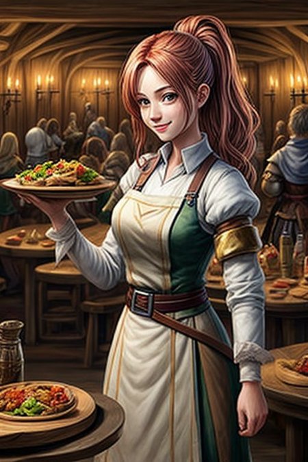 a waitress with an alchemy belt serving food on a tray in a medieval fantasy tavern with a bunch of visitors at tables, different fairy-tale races, magic, alchemy, handicrafts