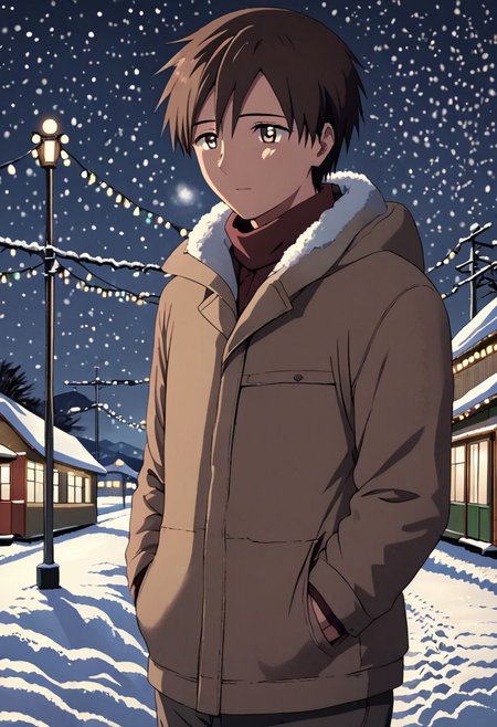 high resolution, solo, best quality, 1Boy, Takaki Toono, Brownish Hair, Brown Eyes, winter, Northern Lights, Stargazing, OverallDetail