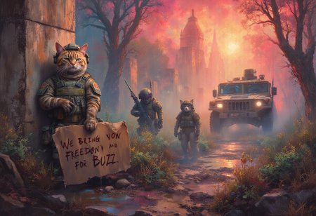 A realistic picture of 4 cat army operator, ((the orange cat sitting against wall  holding a cardboard sign that reads  "we bring you freedom for BUZZ". the other. try fixing a humvee , the other 2 cat prepaing their military gear,))   Overhead shot of the iconic orange Grumpy Cat reimagined as a battle-hardened American special forces in the ruined city in midle east, . Orange Cats dressed in rugged military gear with a helmet slightly askew, holds a modern assault rifle with a determined yet perpetually unimpressed expression. The ruined city  after war around him is dark and foreboding, with thick foliage, towering trees, and a misty atmosphere that hints at the dangers lurking within. In the background, a10 warthog soar above the treetops, their silhouettes barely visible through the smoky, war-torn red sky at Sunset. mouth is wide open, clearly shouting, "More BUZZ, we need more BUZZ! "will work " is boldly displayed at the top, with a gritty, distressed font that echoes classic war movie posters. The overall tone of the poster is intense and surreal, combining the seriousness of a Gulf War epic with the humorous, deadpan attitude of Grumpy Cat. <lora:schnell_v1.0:0.8>ArsMJStyle, impressionism