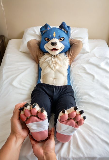 (((Barefoot furry character, full body, cinematic setting, furry male, plantigrade))) 
(((Gaomon))), boy, digimon, (((blue and white fur))), ((black pajama)), ((lies on the bed)), (((lies on his back))), (((receives feet massage))), (((his foot paw massaged))), (((getting feet massage))), his hands behind head, feet towards the viewer, feet POV, feet up, front view, dynamic angles, dynamic pose, pleasure expression, (((wears black toeless socks))), (((nice feet paws with pawpads and claws))), foomas, perfect hands of massager, (((correct anatomy)))
BREAK, intricate details, highly detailed, extreme detail, octane render, fine art, best quality, highres, (detailed face:1.5), ((full_body)), UHD, low light