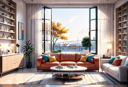 ((front view)), Shallow scene, ((animation style)), modern-style interior, with white walls, (large windows), a  study, Sofa, coffee table, bookcase, single wall, 
warm light morning sun, (the view of the city)