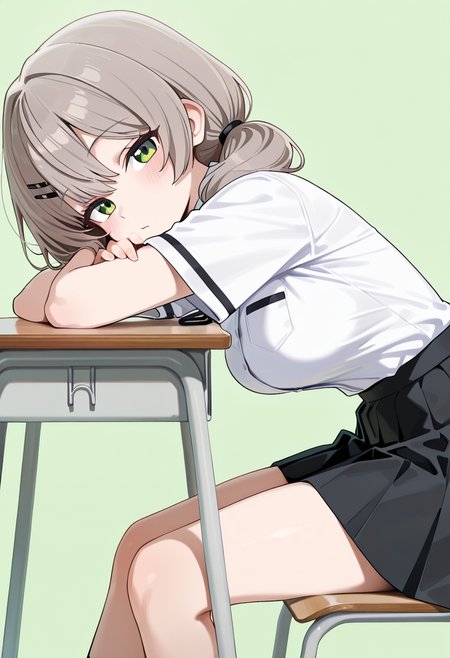 masterpiece, best quality, amazing quality, 1girl, [wagashi \(dagashiya\), mx2j], hotate-chan, (yd \(orange maru\):0.7), (sincos:0.6), brown hair, grey hair, medium hair, low twintails, black hairclip, hair tie, bangs, green eyes, white shirt, collared shirt, short sleeves, black skirt, pleated skirt, simple background, green background, from side, classroom, sitting, on chair, school chair, school desk, medium breasts, looking at viewer, head rest, bent over, crossed arms