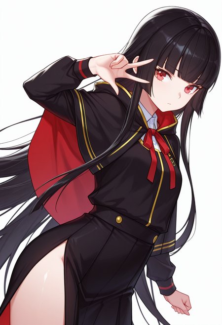 Smooth Quality,masterpiece,very intricate, high quality details, ultra realistic, high detailed skin,detailed enviorement,absurdres,
w,
 <lora:Atre_CNR:0.8> atre_cnr, 1girl, black hair, very long hair,blunt bangs, red eyes,, simple background, white background, dynamic angle,solo,, despair,, hoodie, ,cape, ,side slit skirt, ,