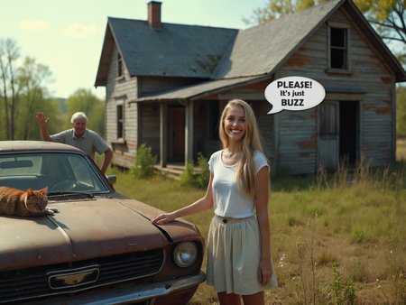 cinematic film still a woman standing next to a car with a cat on the hood and a man behind her with a sign that says please it's just buzz, Beeple, anamorphic lens flare, a storybook illustration, american barbizon school, Cinematic photography, movie mood, cinematic light, compelling composition, storytelling elements, conveys emotion, mood, and narrative depth, creating visually striking images that feel like still frames from a film, fine art photography, conceptual expression, evocative imagery, artistic interpretation, emotional resonance, creative composition, professional lighting, exquisite detail, immersive experience, storytelling through imagery, conveying mood,  unique perspective, thought-provoking concept, capturing beauty, transcending reality, Cinematic portrait photography, capture subject in a way that resembles a still frame from a movie, cinematic lighting, story, narrative quality, drawing viewers into the scene and evoking a sense of cinematic immersion, capturing emotion, professional, engaging, compelling composition . shallow depth of field, vignette, highly detailed, high budget, bokeh, cinemascope, moody, epic, gorgeous, film grain, grainy