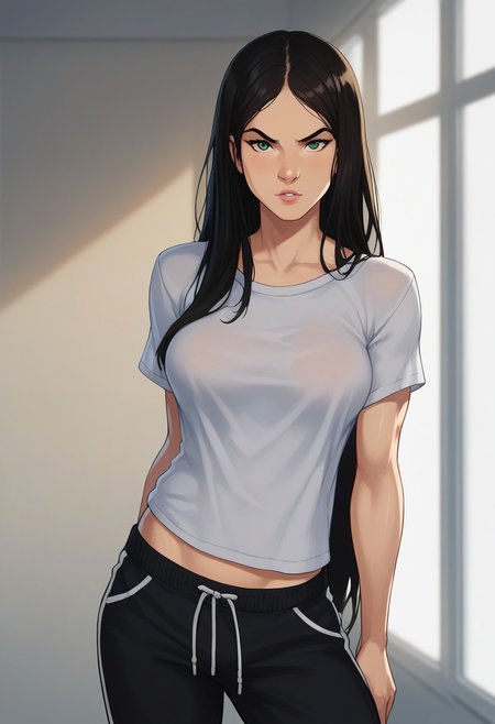 laura kinney, 1girl, muscular ,solo, black hair, very long hair, black hair,  straight hair,pale skin, green eyes, athletic girl, skinny muscular girl, looking at viewer, , perfect legs,score_9, score_8_up, score_8, 1girl, solo, looking at viewer, wide track pants,loose pants, oversized t-shirt, oversized trousers, loose t-shirt, oversize,
cartoon of amraql, , best quality,
1girl, sexy girl,
perfect medium breasts, parted lips