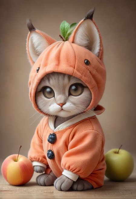 An award winning photo , a cute little baby cat,sitting around in a Peach costume, (fruit) , (((cuteness overload))) <lora:add-detail-xl:1>,  <lora:WowifierXL-V2:1>, zhibi