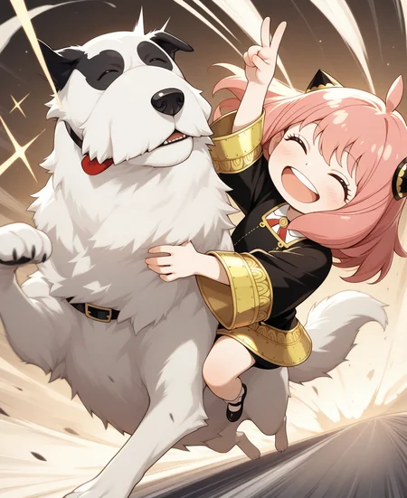 eps, Emotional, spectacular picture, dynamic pose, dutch angle, extreme aesthetics, 1girl, anya \(spy x family\), spy x family, riding a big dog, white_dog, holding a dog, <lora:se_v1_epic_style: 0.9>
