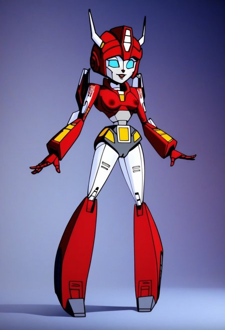 robot planet in space
score_8_up <lora:Transformers 86 FT-000005:1> 1female, autobot, female, all red body (light red), red legs, red head, red armour, small body, petite body, slender form, full body, slim body, slim waist, round large eyes, blue eyes,  short legs, small heads, small horns protruding from head, , female lips, happy expression, smiling, curvy limbs, medium robot bare breasts (nipples), camel toe, (shortstack:0.5)