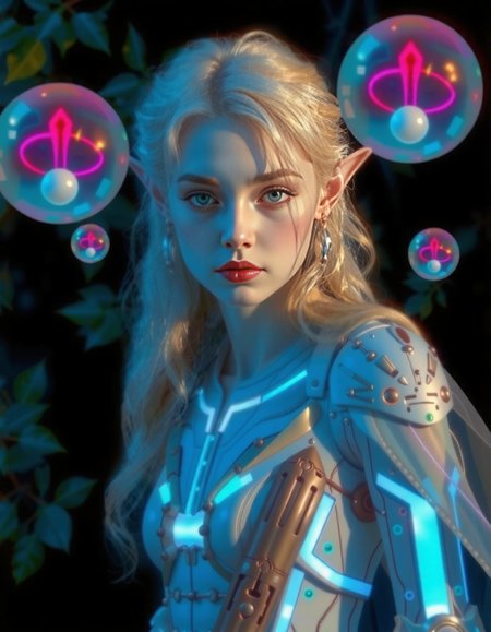 Generate an image of a young biopunk/mythpunk elf woman with striking features and cybernetic enhancements, standing in a mystical forest at night. She has long, white-blond hair cascading down her back in loose waves, dimly lit neon eyes that glow from within, and pale gray skin with visible pores. She wears a sleek white and light gray cybernetic suit with intricate electric blue neon fiber optic trim that is styled after traditional elven ceremonial armor, a voluminous cloak flowing behind her, and is surrounded by floating magic neon orbs that cast dancing shadows across her features. The image should have a high level of detail, with individual strands of hair and rustling leaves on the ground visible. The style should be a captivating blend of fantasy and technology, showcasing the elf woman's unique blend of natural beauty and cybernetic enhancements. <lora:scifi/moxiePunk_v20.safetensors:1.0>, <lora:flux/Realism 2>, <lora:art and styles/dark_fantasy_flux.safetensors:1.0>, <lora:skin texture style v5>, skin texture style, realism, detailed,