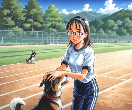 masterpiece, best quality, amazing quality, , 1girl, solo,  gym uniform, pants, outdoors, medium hair, glasses, <lora:Kurita Yuugo style ILL-v2:1.2> kuritayuugo, dog,