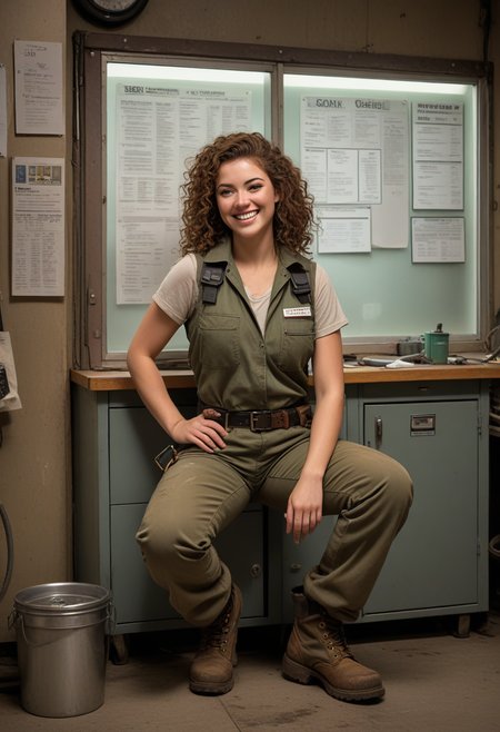 (medium full shot) of (burly mechanic) young woman, canadian, light skin, jade green eyes, curvy build, medium brown curly down hair,  wearing a work vest,cargo pants,work boots, tool belt, dirty with oil and grease, set in  Workshop Break Room, comfortable area with a couch, a table with chairs, a microwave, a refrigerator stocked with drinks, a bulletin board with job schedules, a window overlooking the workshop, at night, woman laughing, squatting, Masterpiece,best quality, photorealistic, amazing quality, very aesthetic, extremely detailed face,
