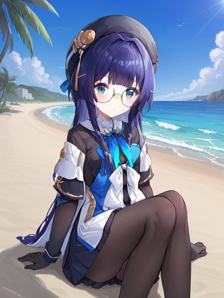 glasses,peila girl,blue hair,Beret,blue eyes,<lora:xl_peila girl-000006:1>,beach,Special clothing,sitting,
