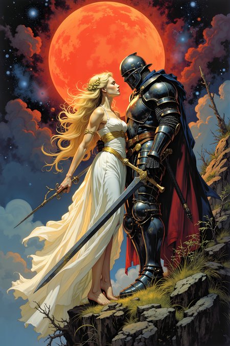 a muscular, armored knight with a glowing sword is facing a beautiful, ethereal woman in a flowing white dress on a cliff. The background is a cosmic scene with a l a red sun. The knight's armor is dark and metallic, while the woman's dress is elegant and golden. , detailed background  Fantastic lighting. Detailed shadows.intricate details, vivid colors, hyper-detailed, ultra-sharp, <lora:Dorota_Pietrowiak:0.3> Portrait by Dorota Pietrowiak <lora:Comic book V2:0.8> High-contrast illustration