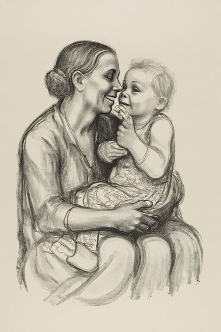 kako1 black and white charcoal drawing.
This image is a pencil drawing, rendered in a sketchy, impressionistic style with soft, flowing lines and subtle shading. The scene depicts a tender moment between a woman and a young child. The woman, likely a mother, is shown cradling the child in her arms, her face close to the child's, smiling warmly. She has her eyes closed, and her expression is serene and loving. <lora:kako1_litho_nocap_d6a3:1.0><lora:814711736776018755:0>