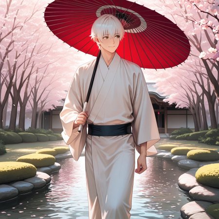 masterpiece, best quality, amazing quality, absurdres, newest, detailed background, definition so sharp, Ultra-HD, 8K cinematic, very awa, impressionate, amazing quality, highres, 
solo, male focus, manly, 
yashiroisana, 1boy, short hair, bangs, shiro_white hair, shiro_brown eyes, oil-paper umbrella, walking, looking to the side, gentle smile, calm expression, traditional Japanese garden, pond, cherry blossoms, soft lighting, aesthetic, peaceful, playful curiosity, tranquil