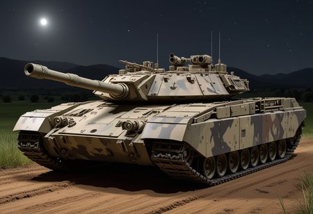 (medium full shot) of (agile heavy urban-camo tank) with composite armor, hybrid, advanced targeting system, side skirts, set in  a wide valley, with open fields and gentle slopes, the tank advancing through the low ground , during a nighttime operation, Masterpiece,best quality, photo, realistic, very aesthetic,