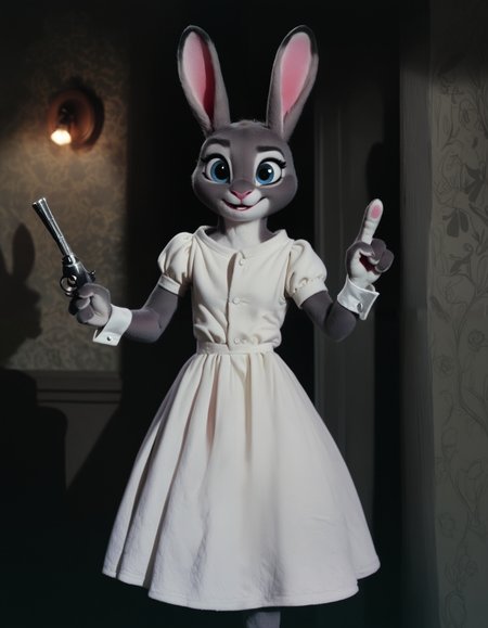 score_9, score_8_up, score_7_up, score_6_up, score_5_up, score_4_up, movie still, source_furry, (a cute bunny), indoors, rim lighting, dress, bunny ears, pointing revolver