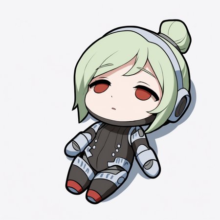 masterpiece, best quality, newest, chibi, full body, lying, on back, empty eyes, solo, 1girl, android, robot joints, short hair, green hair, single hair bun, red eyes, armor, bodysuit, simple background, white background
<segment:yolo-Anzhc Face seg 640 v3 y11n.pt,0.3,1//cid=11>