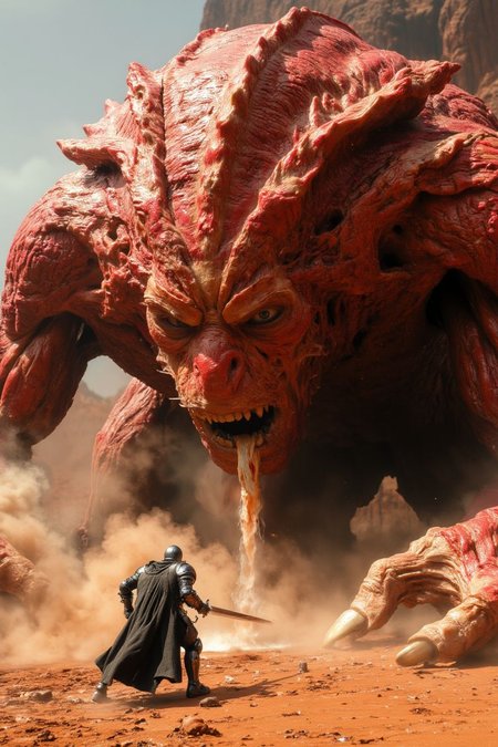 <lora:Plastinates:1> photograph of a huge battle scarred plastinate endboss, spitting acid liquids at the viewer, direct eye contact, intimidating eye contact, depicted in a deadly mars dersert landscape,  the image has a realistic looking texture and lighting, dynamic angle,
an epic final endboss battle emerges, tense atmosphere,
captured on a (Phase One XF IQ4 150MP), rule of third composition, bosstyle,
 <lora:fluxenhancer:0.2>,  midjourneyv6.1 <lora:MidjourneyV6.1:0.4>,  <lora:FluxBossBattle:0.7>