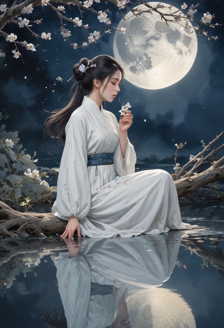 (WaterColour paint effect), -Hanama wine, 1girl, moon, long hair, solo, black hair, dress, branch, hair bun, flower, reflection, chinese clothes, hair ornament, jewelry, bird, earrings, full moon, water, white dress, holding flower, holding, long sleeves, closed eyes, single hair bun, ripples, sky, looking down, full body,anime, <lora:Paint_Effects_SDXL_-_By_DICE:0.7>