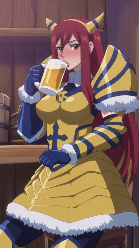 masterpiece, best quality, very aesthetic, absurdres, BREAK, 1girl, looking at viewer, cowboy shot, 
<lora:Giant_Erza_Illu_Dwnsty:0.8>, erz_giant, brown eyes, red hair, long hair, hairband, fake horns, armored dress, gold armor, black gloves, fur trim, gauntlets, pauldrons, breastplate, shoulder armor, 
large breasts, lips, drunk, holding beer, beer mug,drinking, sitting, on chair, 
indoors, tavern, bar, counter,