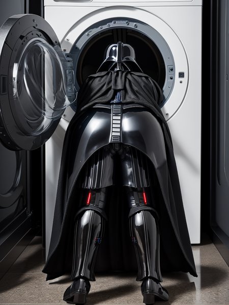 Closeup of (Darth Vader) from behind, (stuck in washing machine), wearing his full Darth Vader armor and cape, crawling into a washing machine, kneeling, tight shiny pants.
fcPortrait, highres, high resolution, detailed, glowing red lights,
<lora:LowRA:0.5> <lora:add_detail:0.1> <lora:savemeIamstuck:0.9>