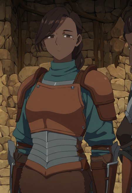 masterpiece, best quality, newest, absurdres, highres, 
DMStyle-DmpackV1.0, official style,
DMPACK-1-Kiki, dark-skinned female, beauty mark, mole under eye, brown hair, dark skin, ponytail, brown eyes, armor, kikiarmor,