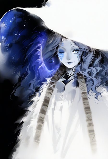 1girl, solo, ranni the witch, hat, one eye closed, blue eyes, colored skin, blue skin, witch hat, blue hair, cloak, looking at viewer, long hair, cracked skin, fur cloak, white headwear, extra faces, dress, smile, blue lips, extra arms, white dress, upper body <lora:solaXL_NBVP1_lokr_V6311PZ:0.95>