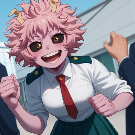 score_9, score_8_up, score_7_up, score_6_up, score_5_up, score_4_up, 1girl, MinaHero, school uniform, excited, pink skin, pink hair, black sclera