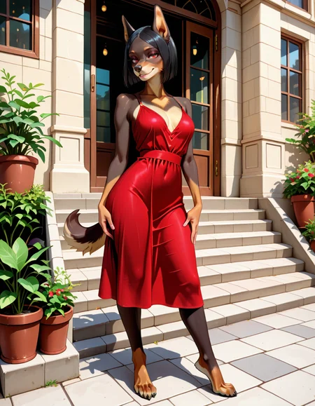 masterpiece, best quality, very aesthetic, absurdres,
outdoors,
full body, standing, posing, 
seductive smile, parted lips, long eyelashes, 
dress, 
<lora:Ophellia_v01_NAIXL:1>
0ph313ia,1girl,solo,furry,furry female,dog girl,black hair,short hair,straight hair,red eyes,snout,animal nose,body fur,dog tail,