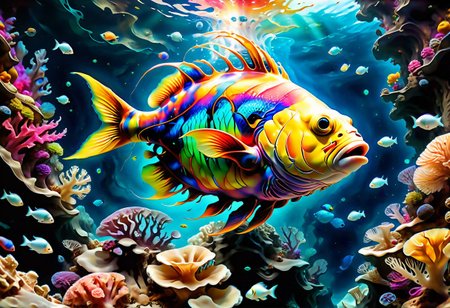 high contrast, lively colors, highest quality,masterpiece, 4K HD,vibrant colors ,wide angle, cinematic,  realistic, hyper detailed,Extremely high-resolution details, photographic, realism pushed to extreme, fine texture, incredibly lifelike,sharp, colorful
hyperkraximalism,
a diver descends into the ocean abyss, wide angle , reefs, fish