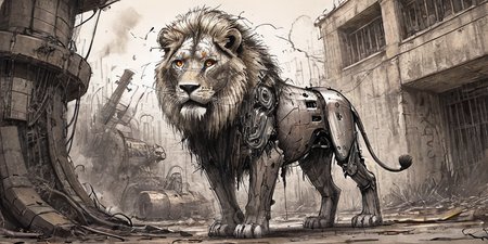 detailed ink sketch,scttlw, a robot lion in an abandoned dystopian zoo, an automated audience driving by belts and gears scratches and squeaks as it's motors spark and smoke, animatronics,<lora:Dystopia:.3> <lora:Scttlw-XL-V1:.5>
