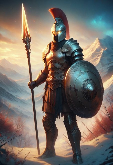score_9, score_8_up, score_7_up, Spear Warrior, holding spear, Spartan with helmet and armor.  Glowing eyes, mountains, snowy
