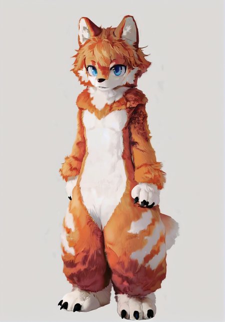 (masterpiece, best quality:1.2),furry wolf,orange and white fur,furry paws,white background,blue eyes,furry ears,full fur suit,realistic,solo,full body,<lora:FullFurSuitXLLora:0.85>,