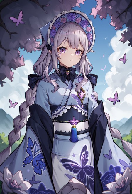 score_9,score_8_up,score_7_up,score_6_up,score_5_up,score_4_up,
1girl, koseki bijou, small breasts, twin braids, hair bow, black bow, very long hair, light blue bonnet, frilled kimono, wide sleeves, frilled sleeves, butterfly print, floral print, facial mark, chest jewel, tassel, gem, blue kimono, purple kimono, obi, obijime,purple rose, 
solo, cowboy shot,  outdoors,
<lora:bijouponyxl26:1>