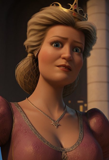 ((castle background)),score_9, score_8_up, score_7_up,score_6_up, masterpiece, ultraHD
1girl, Solo, QLillian_Shrek, light skin, blue eyes, golden hair, hair up with golden hairnet, gold crown, dark pink royal medieval dress with long sleeves, dark pink loafers, tall stature, perfect eyes, cowboyshot, hands on hips, looking at the viewer, standing, big breasts, huge hips, huge thighs, huge ass, big eyes, cute, detailed eyes