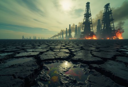 A desolate expanse of cracked, tar-black ground stretches beyond the horizon, shimmering under an overcast sky thick with slow-moving, ashen clouds. Pools of iridescent, oil-slick liquid gather in jagged fissures, reflecting the distant glow of unseen fires. In the far distance, impossibly tall, skeletal towers of corroded metal lean at unnatural angles, their rusted surfaces dripping with something darker than water. The air is heavy with the scent of burning chemicals and the eerie hum of unseen machines groaning beneath the crust, as if the earth itself were alive and suffering. ethdysty